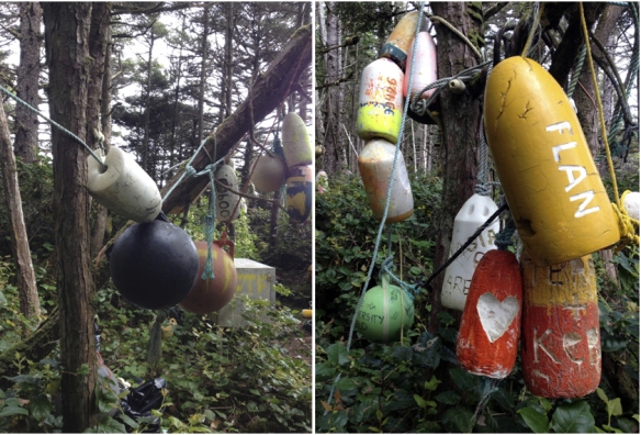 The recovered buoys that mark the trail end. Note the bear box for safe camping.